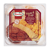 Hormel Gatherings snack tray; pepperoni slices, mild cheddar cheese slices, butter crisp crackers Full-Size Picture